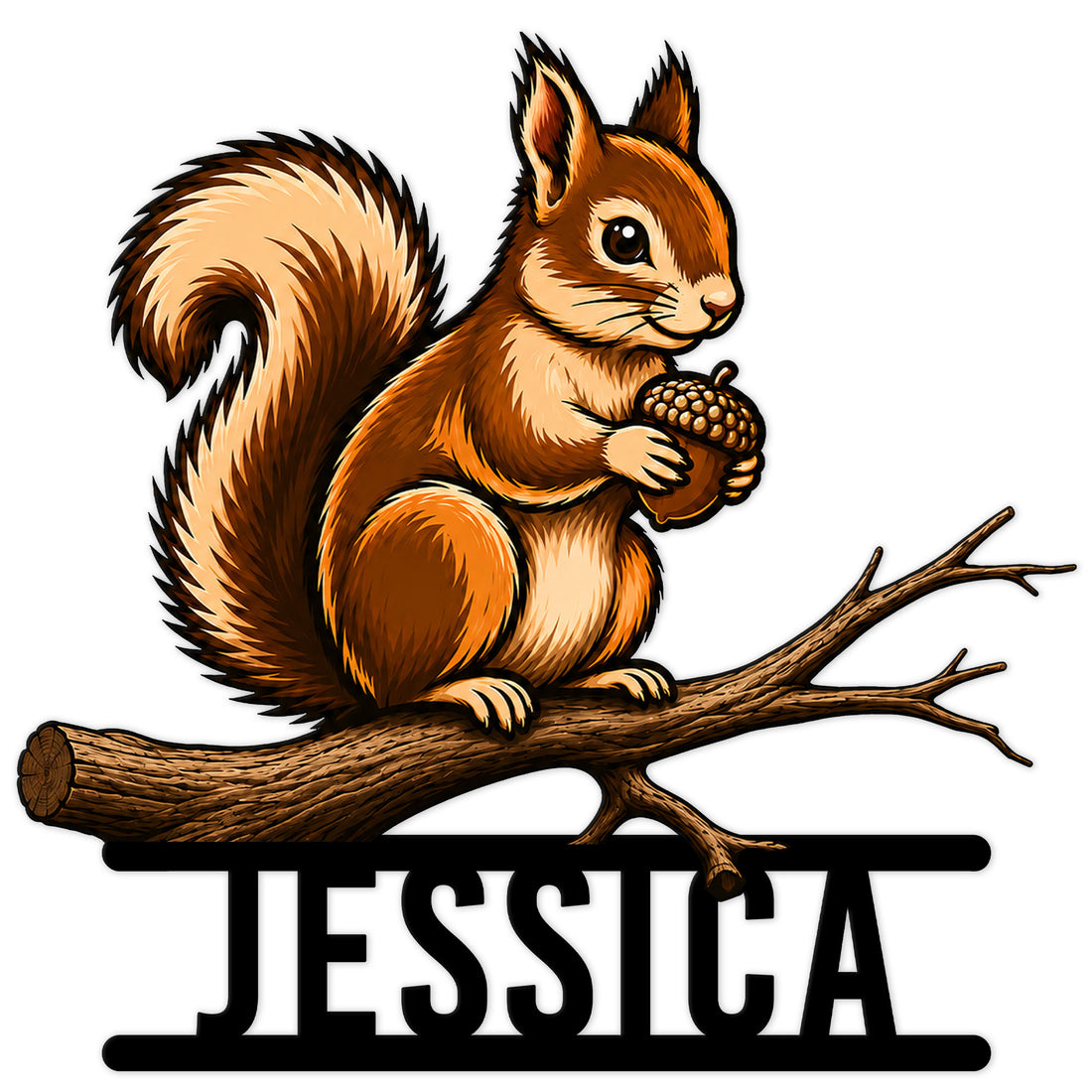 Colorful squirrel holding an acorn while perched on a branch in a custom metal sign design