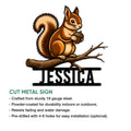Squirrel metal sign feature graphic showing the woodland animal perched on a branch