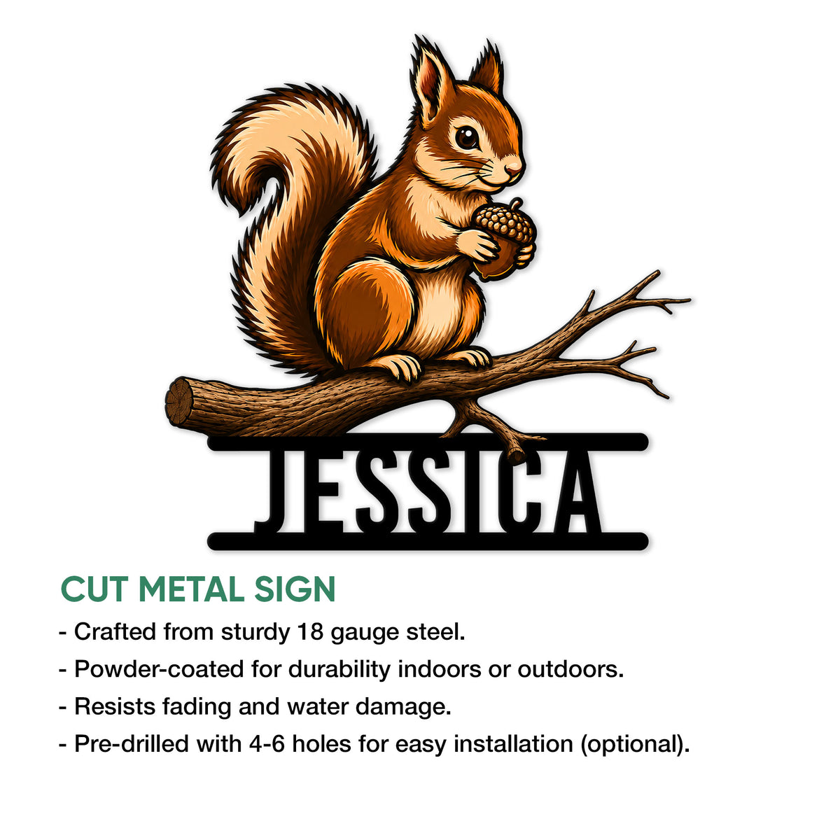 Squirrel metal sign feature graphic showing the woodland animal perched on a branch