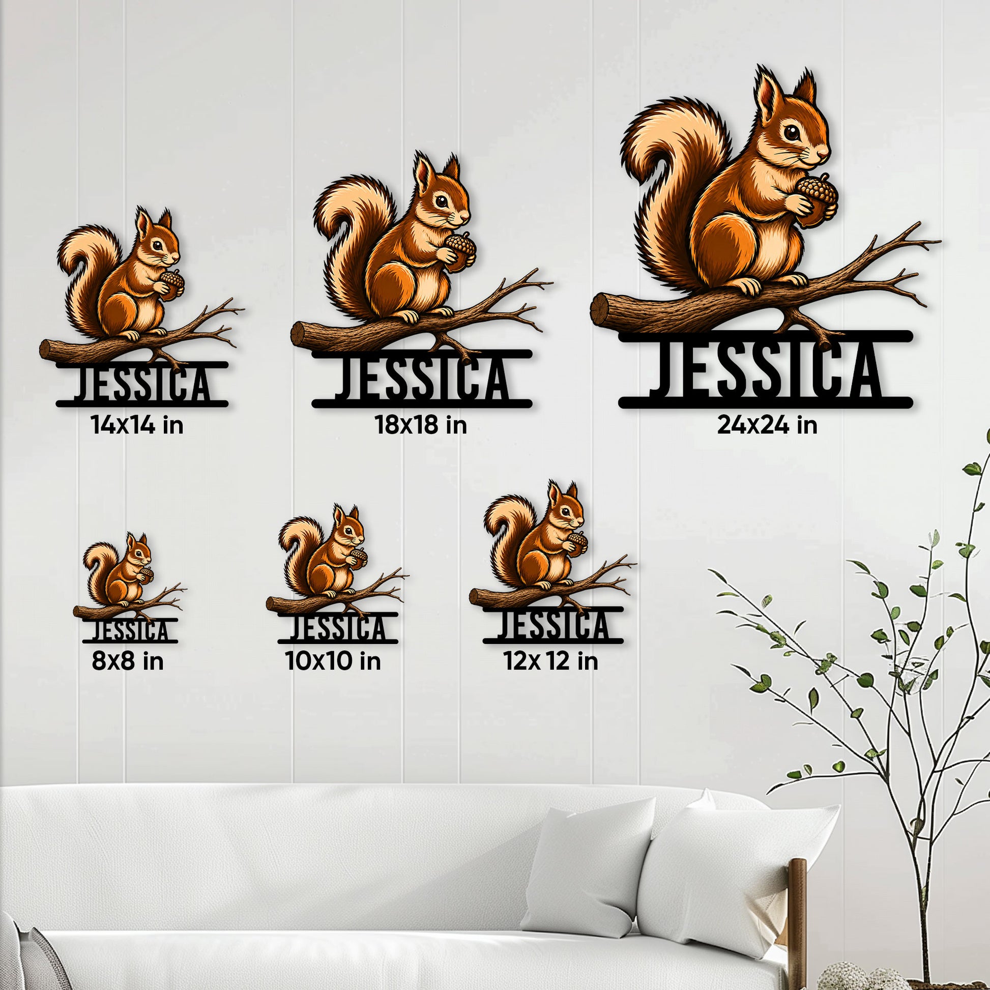 Squirrel metal sign size guide showing available square sizes from 8 by 8 to 24 by 24 inches