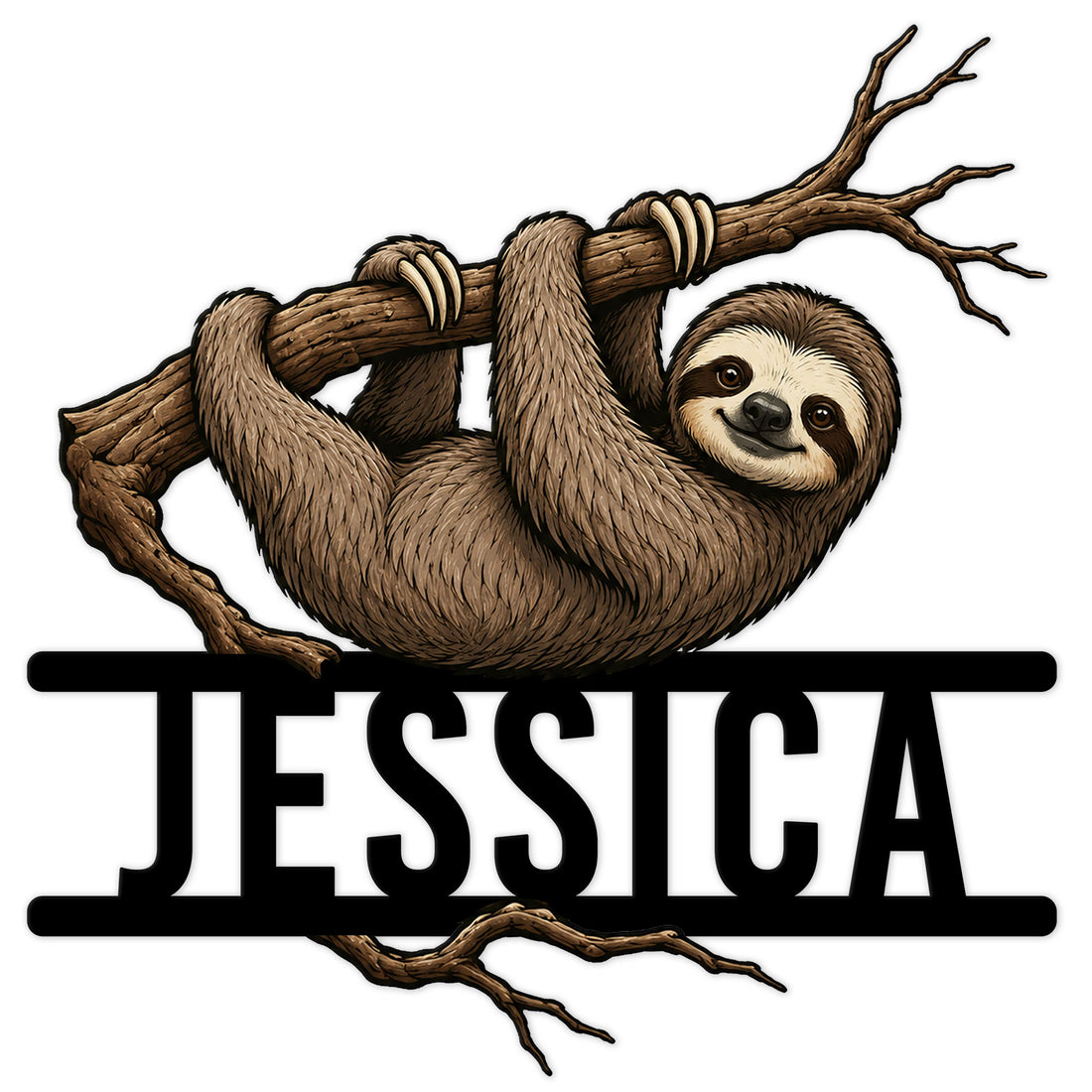 Detailed sloth metal sign featuring a smiling sloth hanging from a tree branch