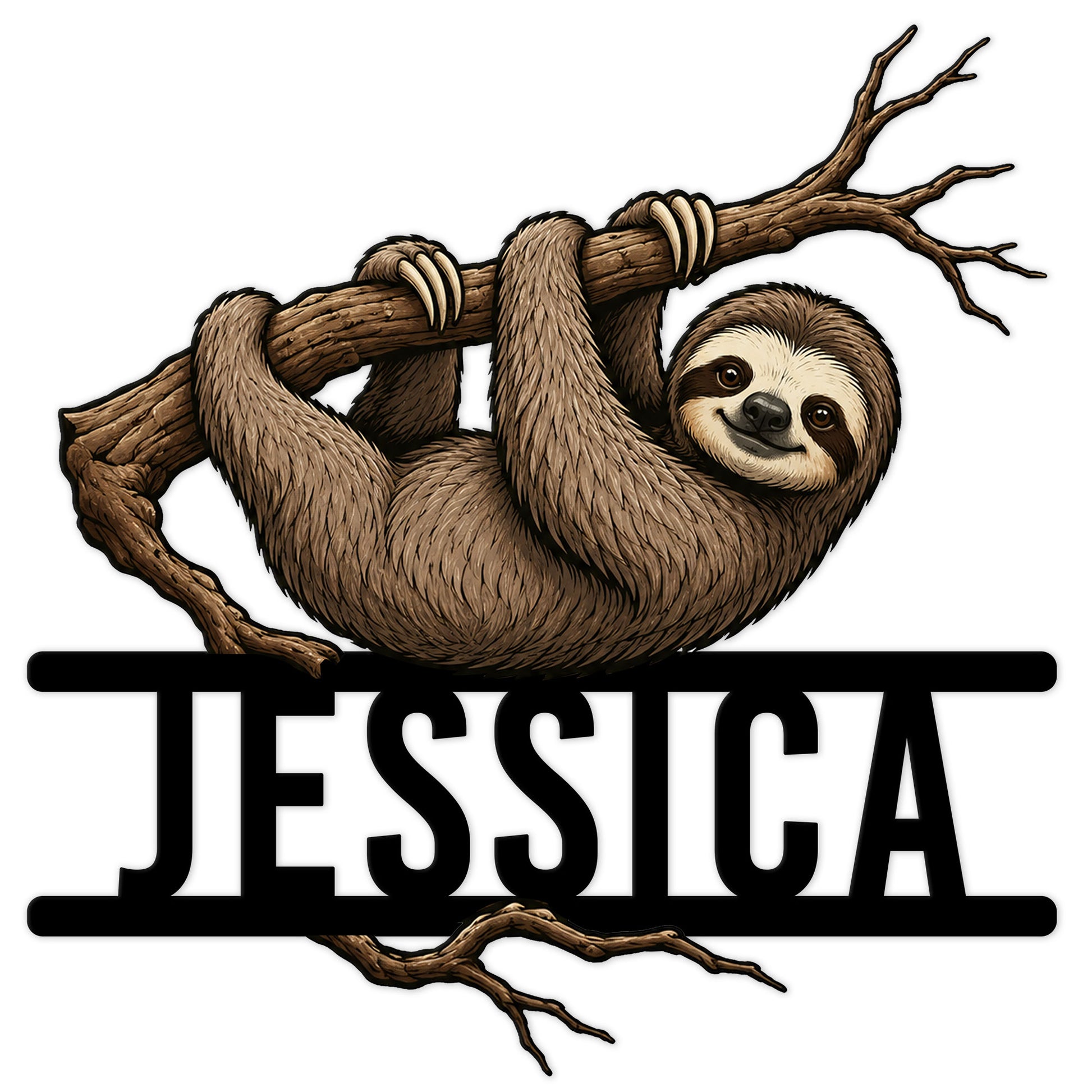 Detailed sloth metal sign featuring a smiling sloth hanging from a tree branch