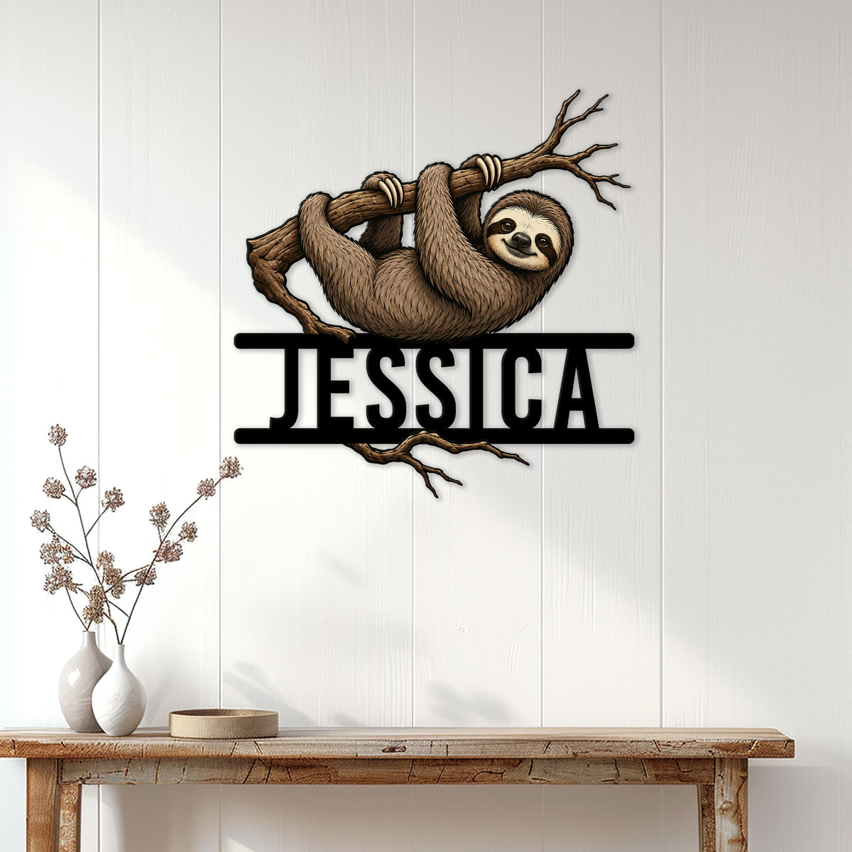 Sloth wall sign displayed on a bright paneled wall above a rustic console table