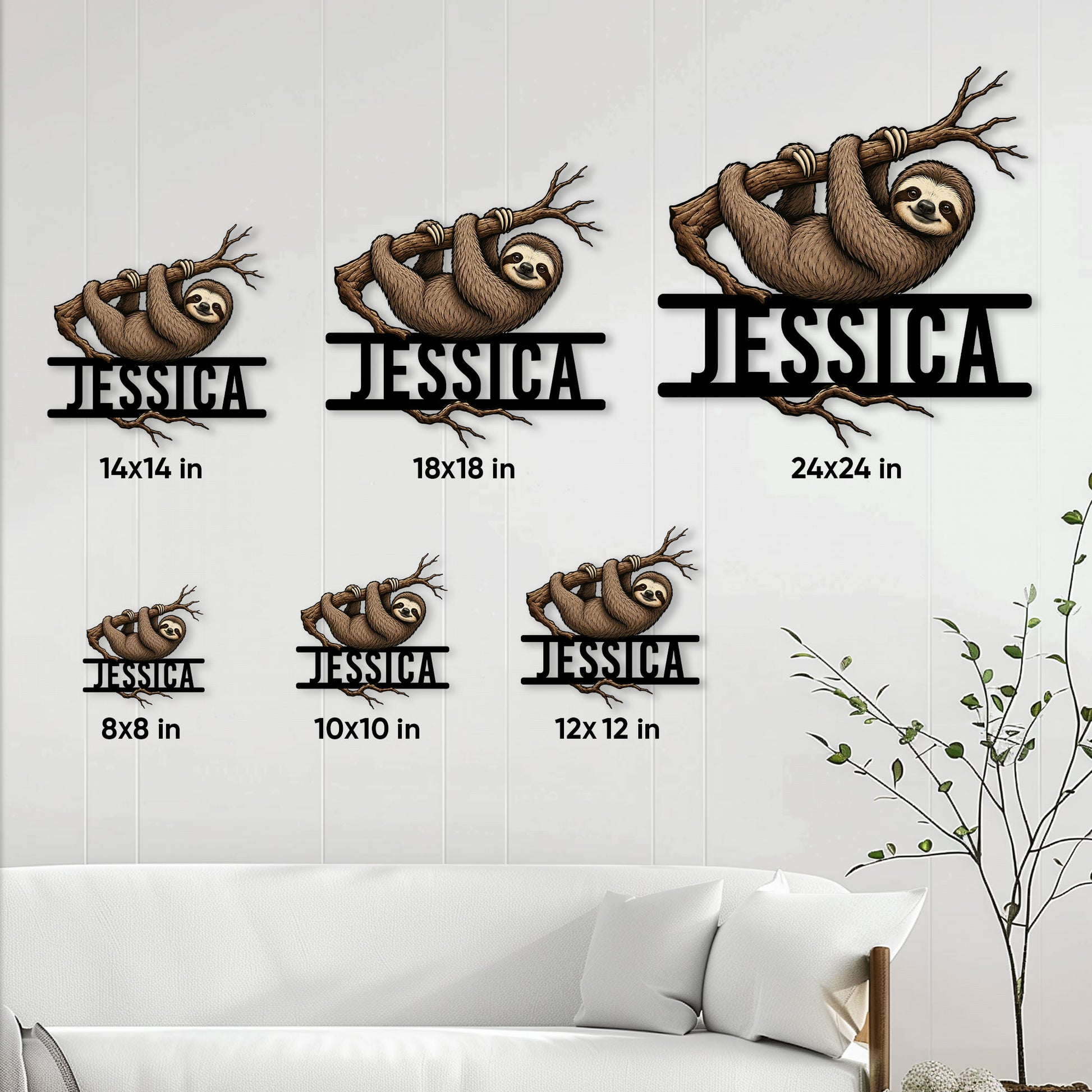 Sloth metal sign lifestyle image showing available size options on a living room wall