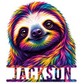Colorful rainbow sloth portrait cut metal sign with vibrant feathered artwork and bold lower lettering
