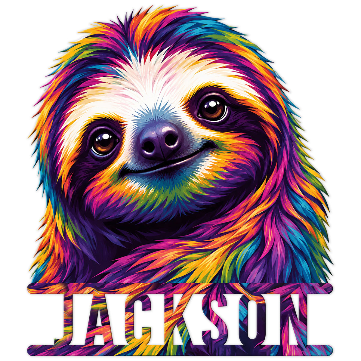 Colorful rainbow sloth portrait cut metal sign with vibrant feathered artwork and bold lower lettering