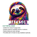 Vibrant sloth metal sign featuring a colorful animal portrait and cut metal wall decor design