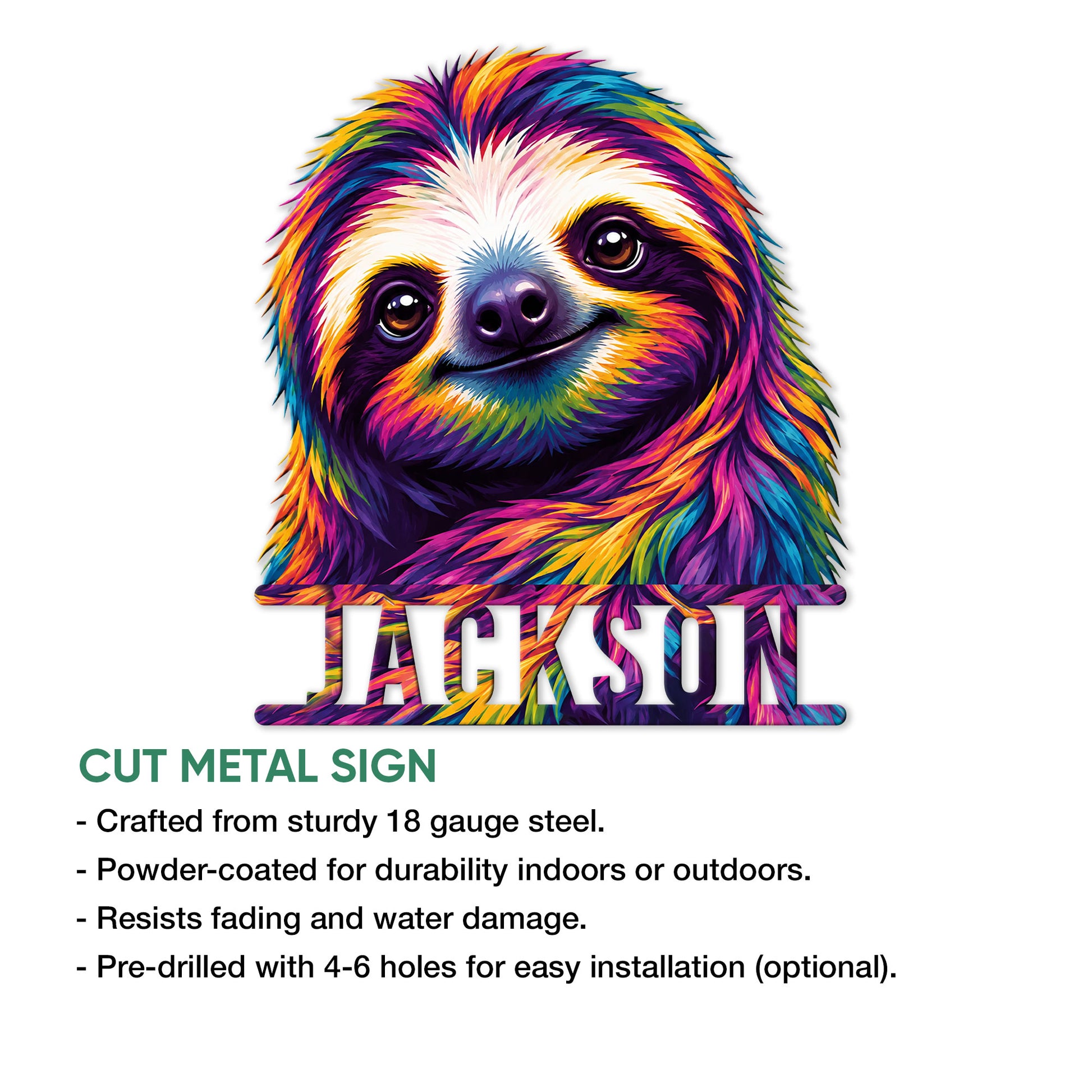 Vibrant sloth metal sign featuring a colorful animal portrait and cut metal wall decor design