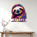 Rainbow sloth wall sign displayed above a console table in a bright contemporary home