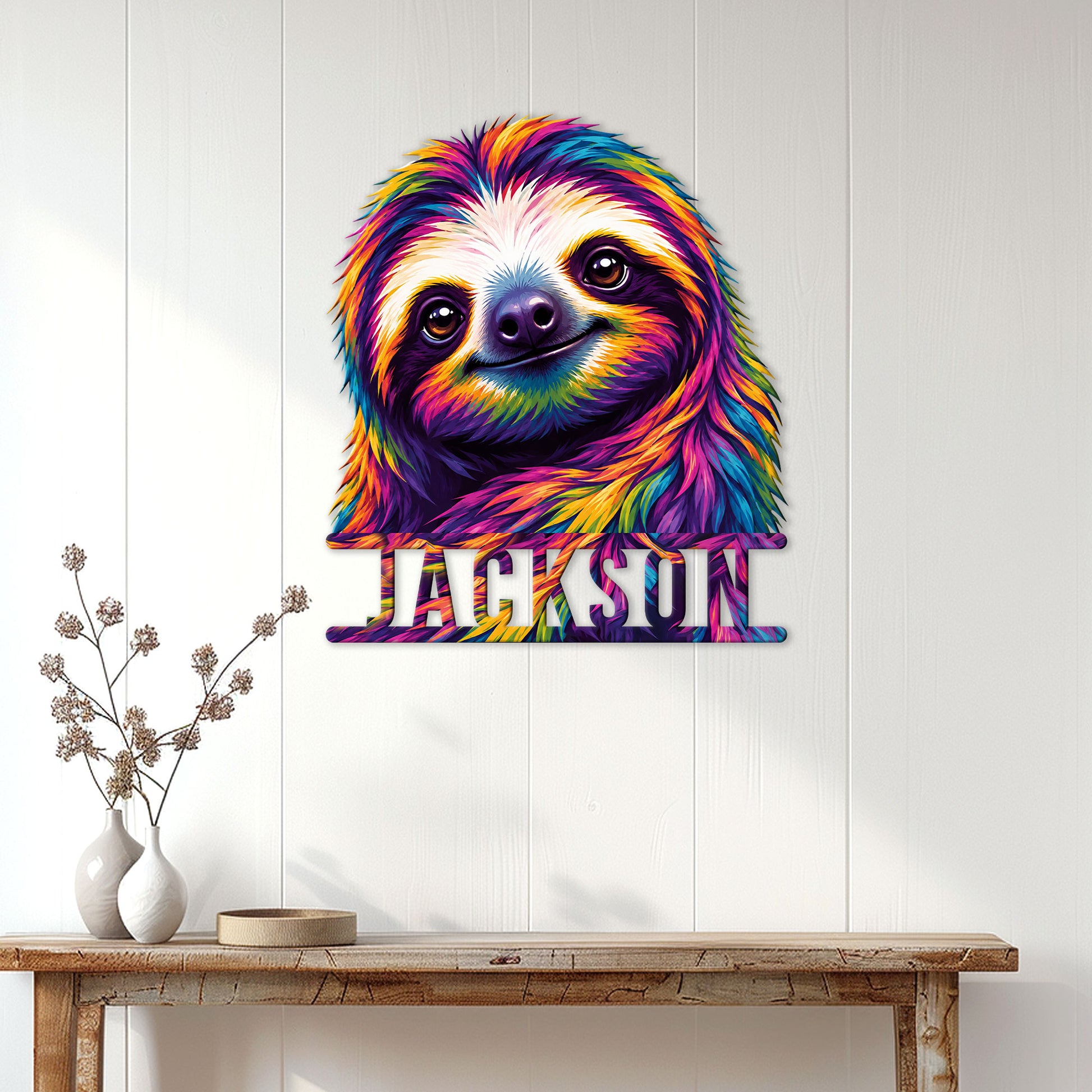 Rainbow sloth wall sign displayed above a console table in a bright contemporary home