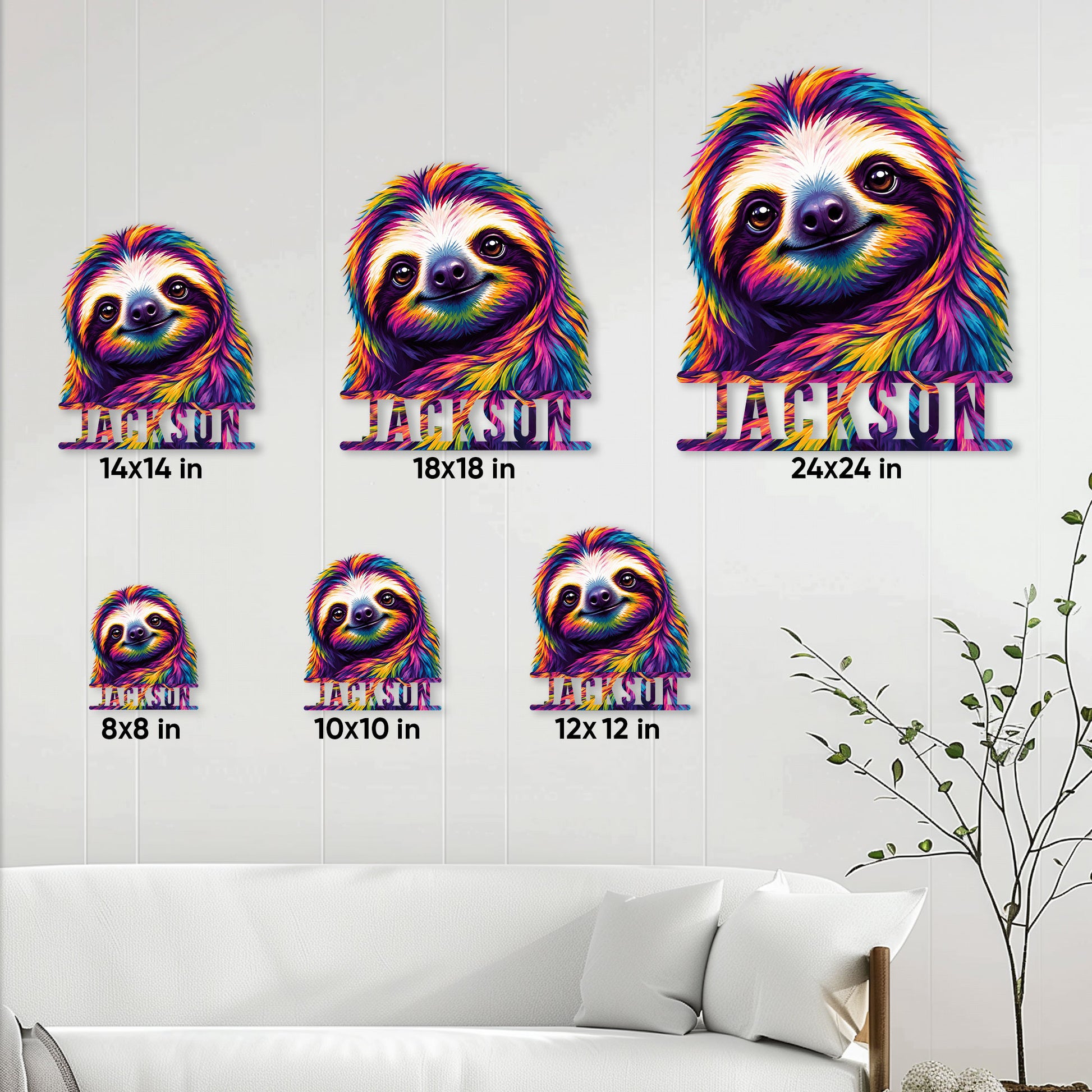 Rainbow sloth metal sign shown in multiple size options against a light living room wall