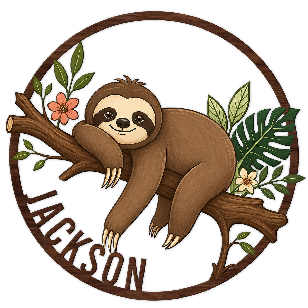Round sloth metal sign featuring a smiling sloth lounging on a branch with tropical leaves and flowers