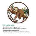 Cut metal sloth sign with a tropical branch design, shown in a product feature presentation