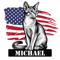 Abyssinian cat metal sign featuring a detailed sitting cat over a distressed American flag design