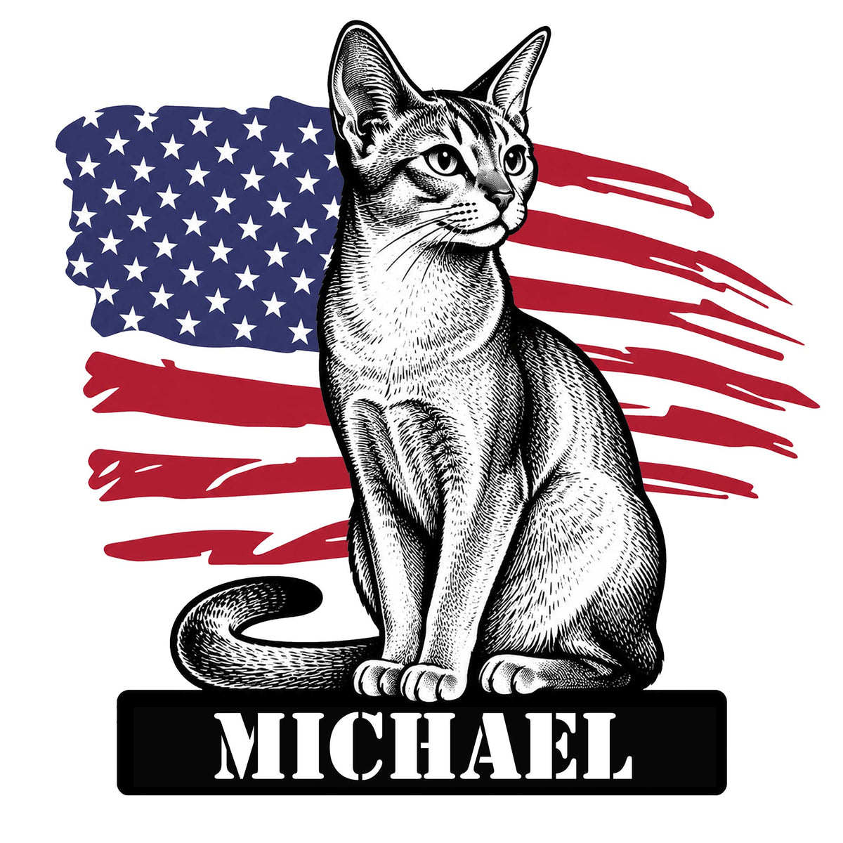 Abyssinian cat metal sign featuring a detailed sitting cat over a distressed American flag design