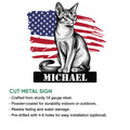 Abyssinian cat metal sign product graphic showing the patriotic cat artwork and sign features