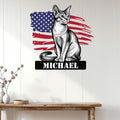 Patriotic Abyssinian cat wall sign displayed on a white wood-paneled wall above a console table