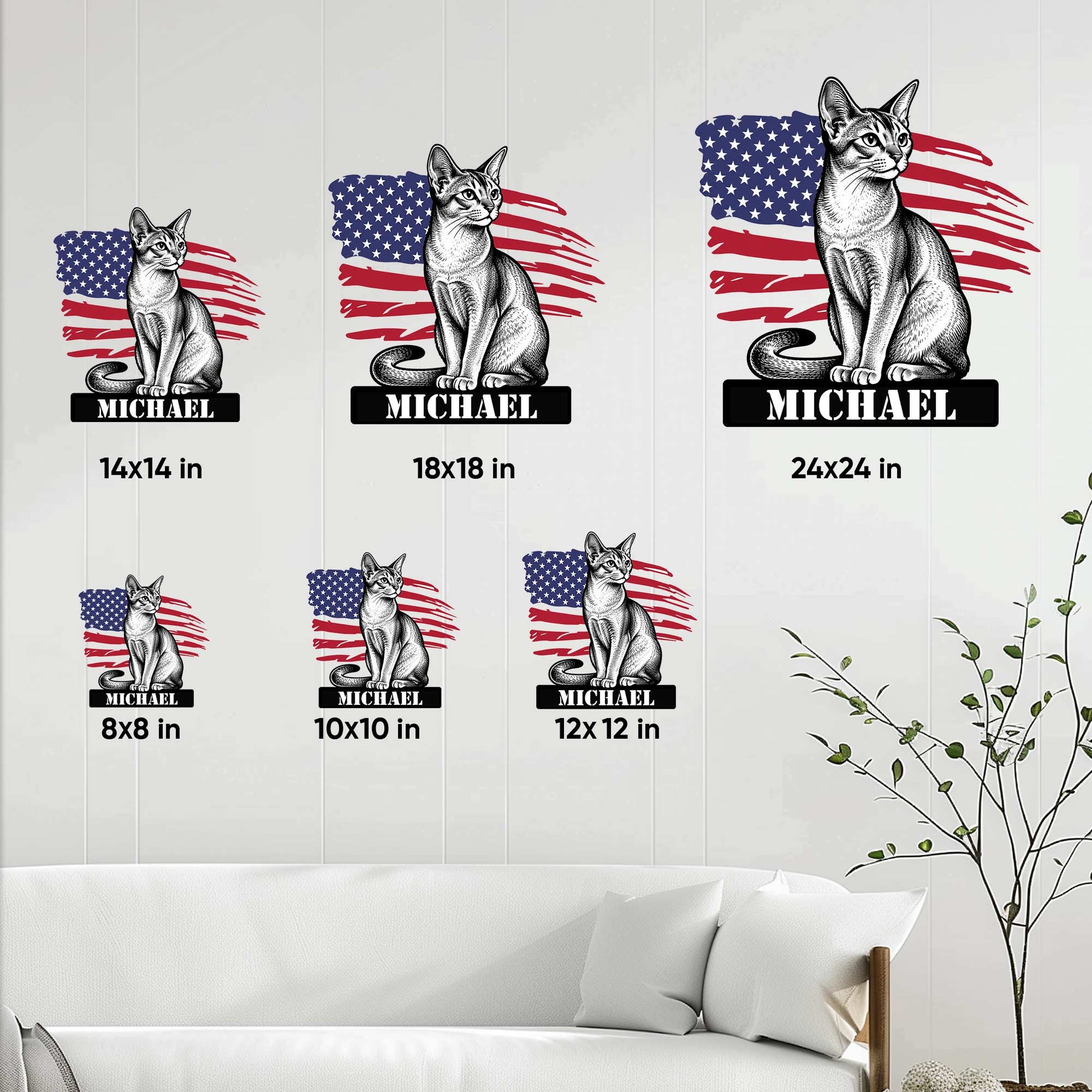 Abyssinian cat metal sign shown in multiple size options on a bright living room wall