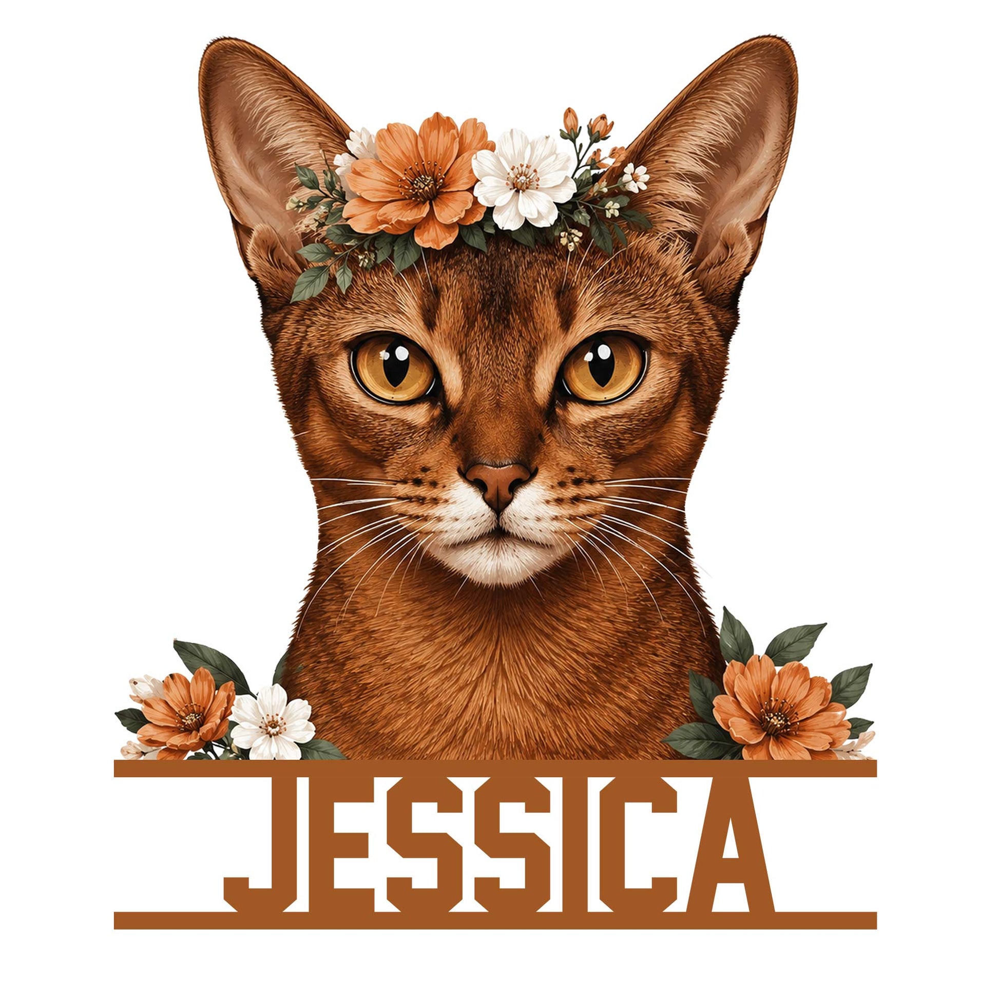 Abyssinian cat metal sign featuring a detailed feline portrait framed by orange and white flowers