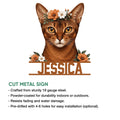 Abyssinian cat cut metal sign with a floral crown design shown in a product feature presentation