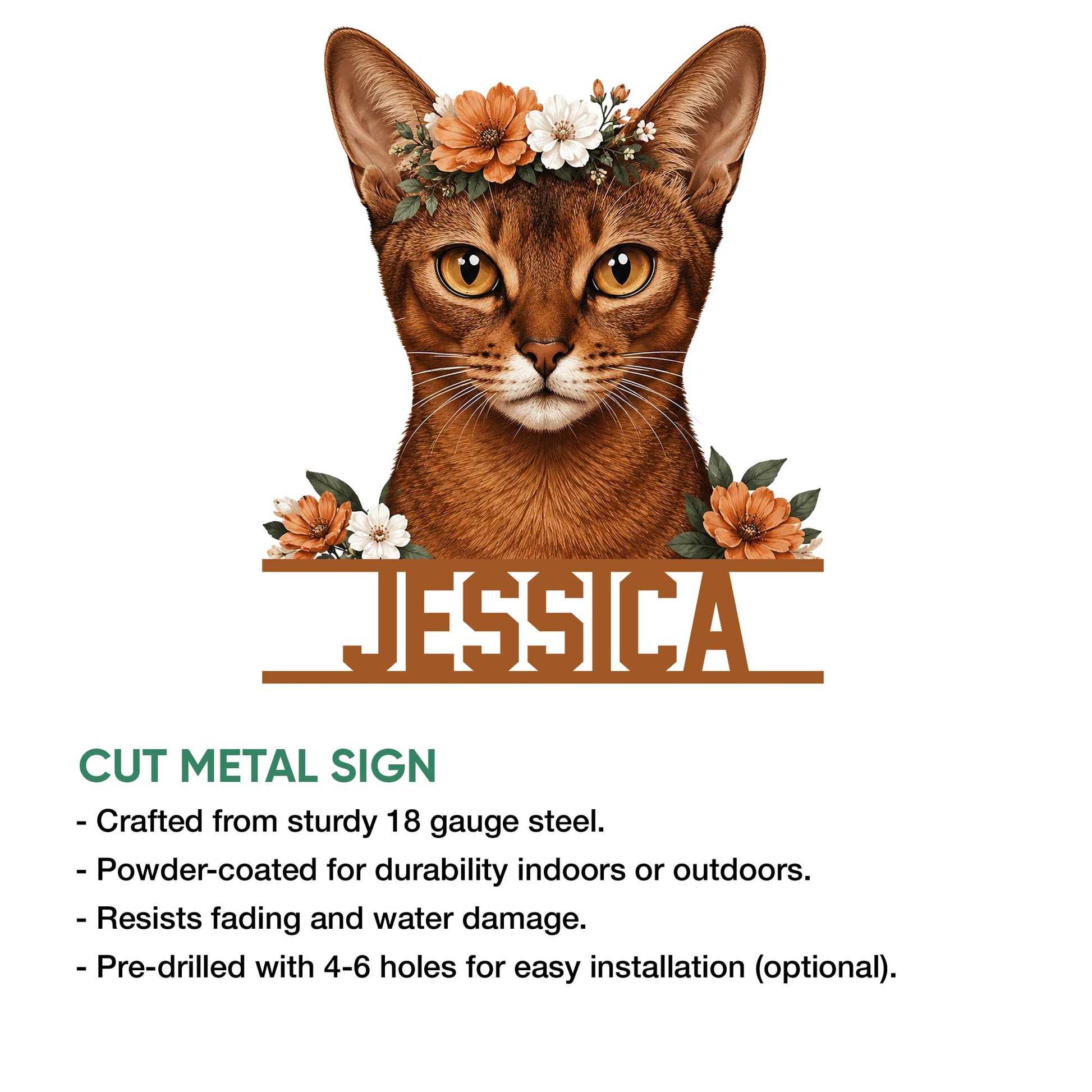 Abyssinian cat cut metal sign with a floral crown design shown in a product feature presentation