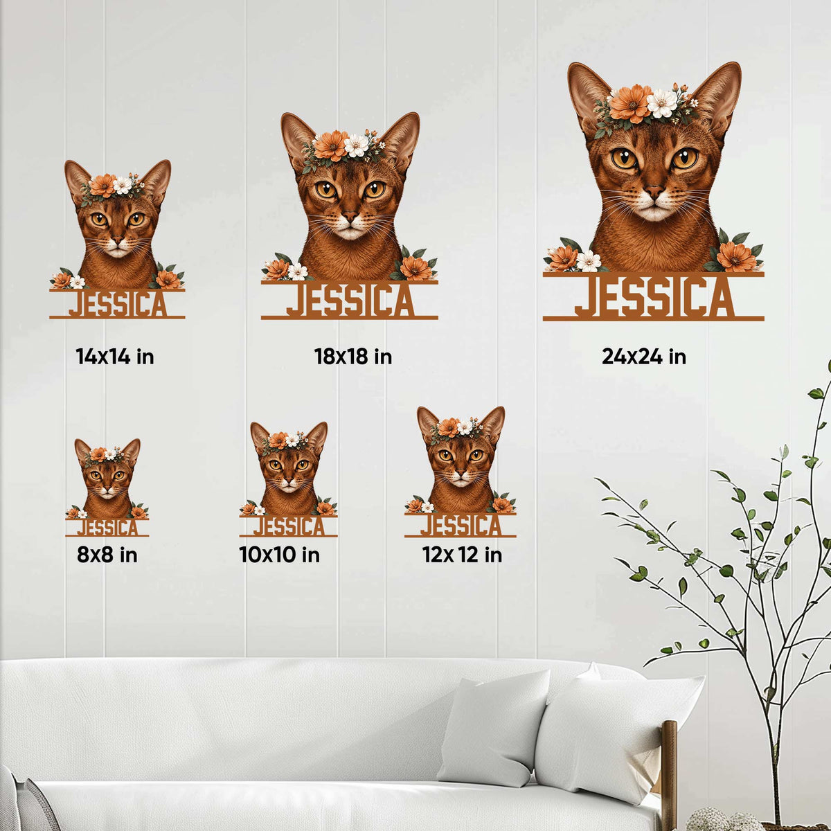 Abyssinian cat metal sign size guide showing available dimensions from 8 by 8 to 24 by 24 inches