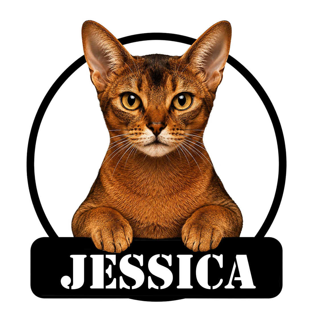 Abyssinian cat metal sign featuring a detailed copper-toned cat portrait inside a black circle