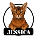 Abyssinian cat metal sign featuring a detailed copper-toned cat portrait inside a black circle