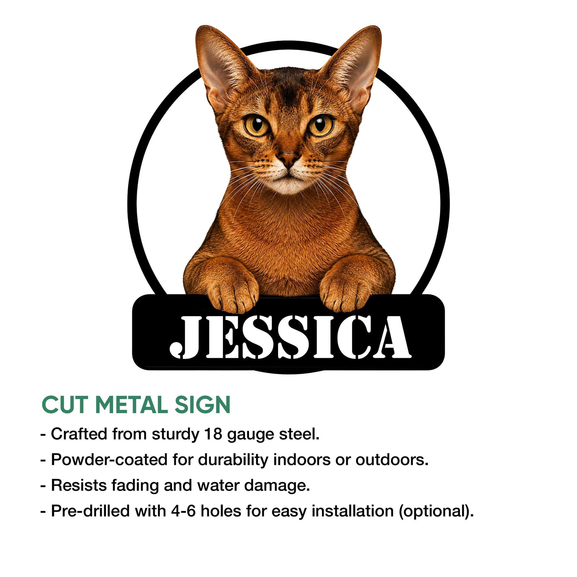 Abyssinian cat cut metal sign shown with product feature details and a bold black silhouette design