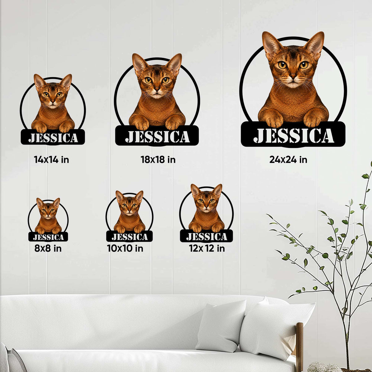 Abyssinian cat metal sign shown in multiple size options on a light bedroom wall