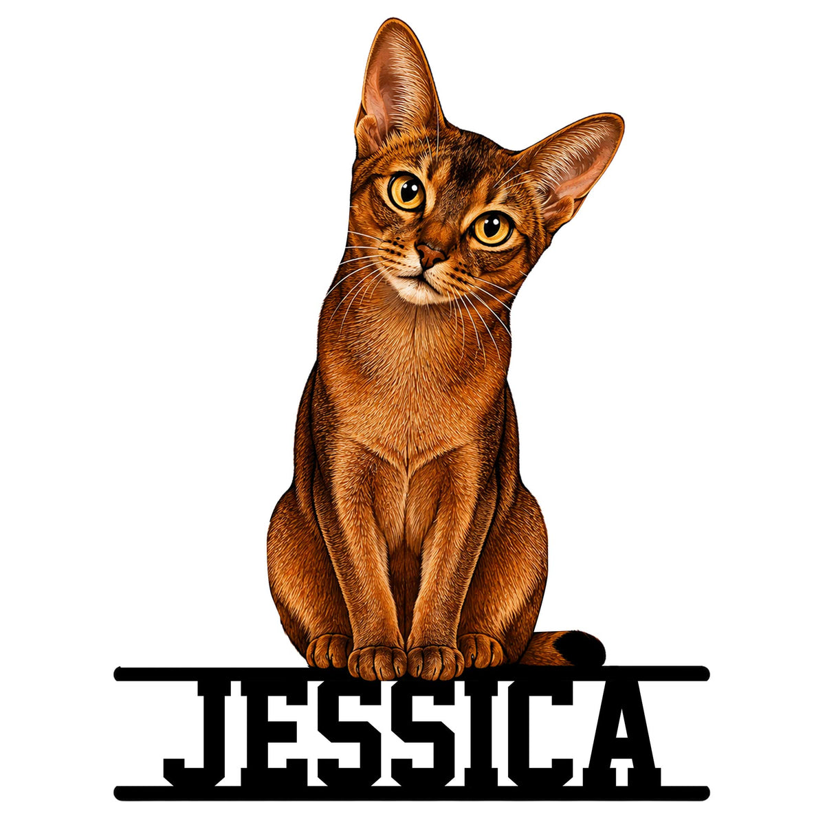 Detailed Abyssinian cat metal sign featuring a seated brown cat with large ears and bright golden eyes