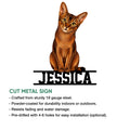 Abyssinian cat cut metal sign shown with product feature callouts for indoor and outdoor display