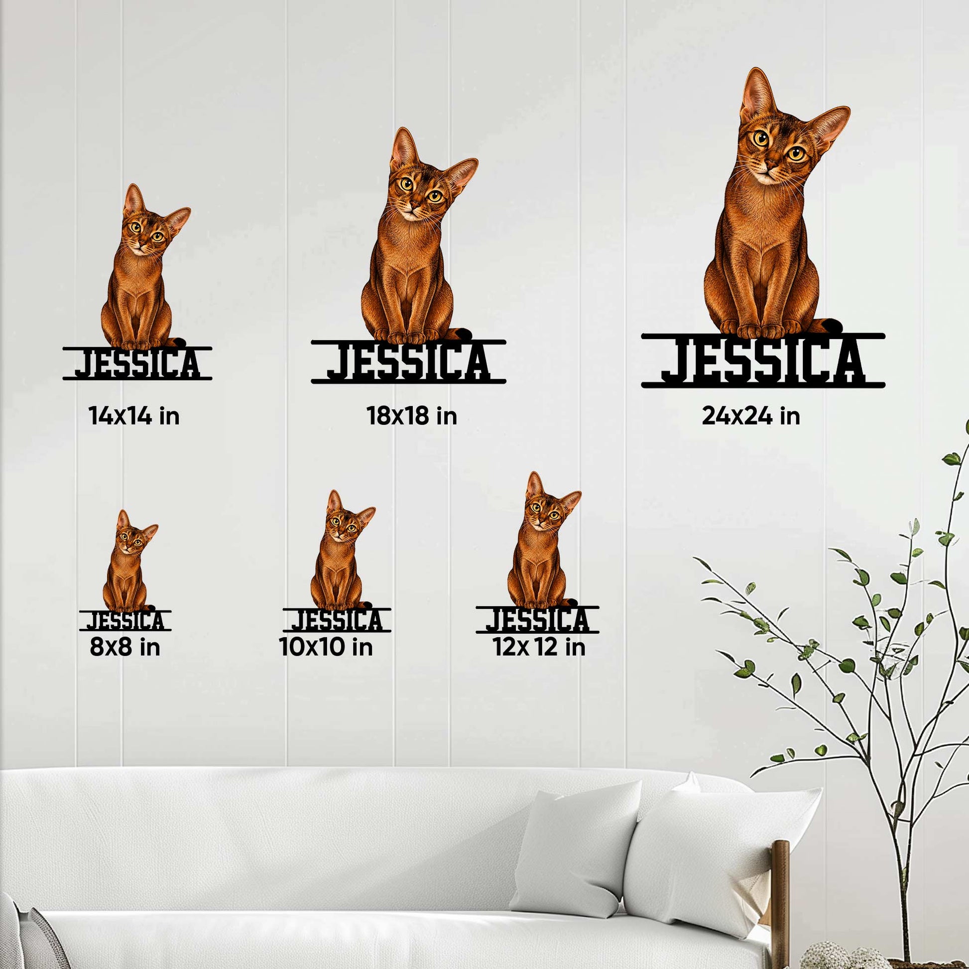 Abyssinian cat metal sign size guide showing square options from 8x8 to 24x24 inches