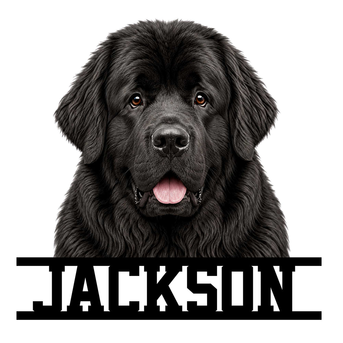 Newfoundland dog metal sign featuring a detailed black dog portrait with bold framed lettering