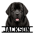 Newfoundland dog metal sign featuring a detailed black dog portrait with bold framed lettering