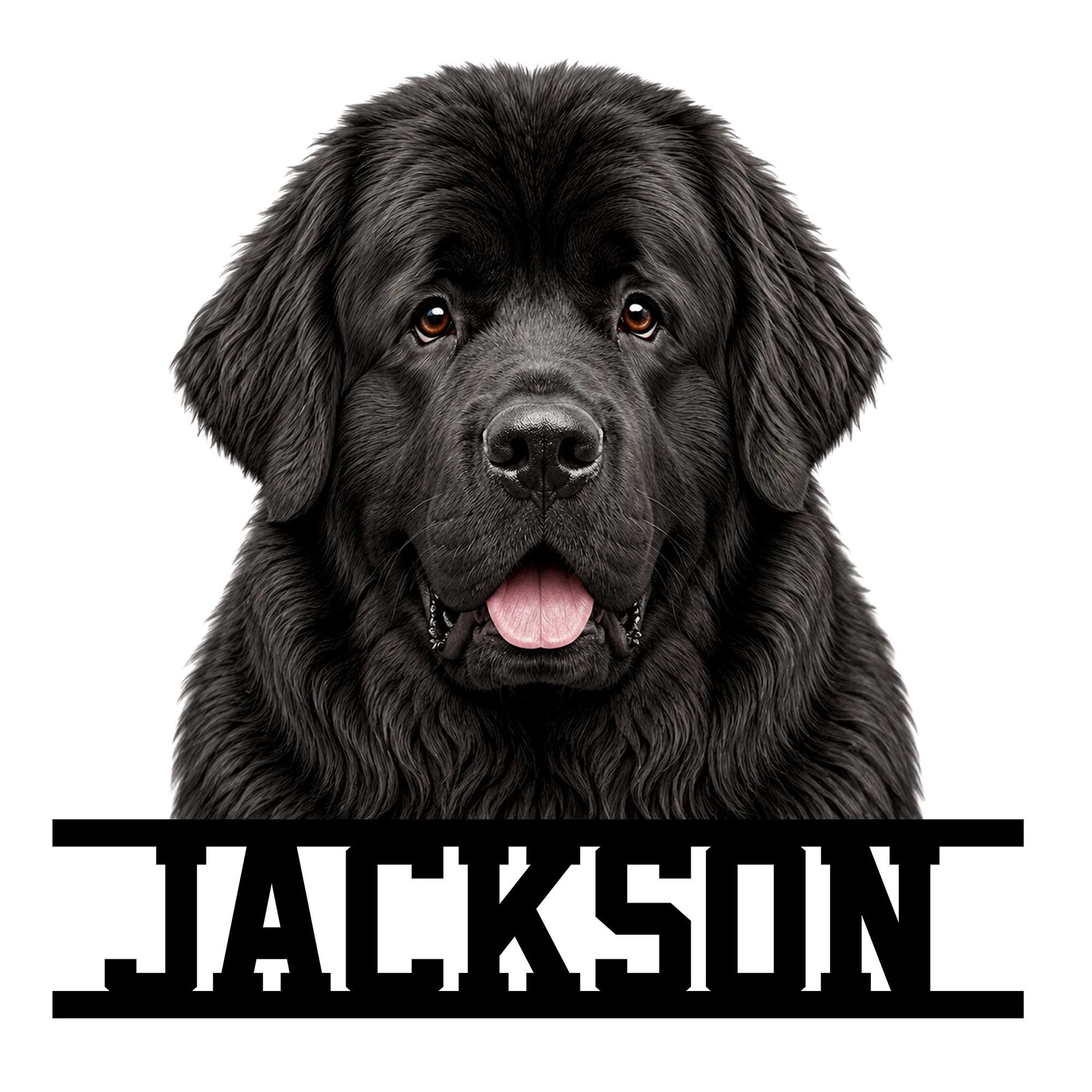 Newfoundland dog metal sign featuring a detailed black dog portrait with bold framed lettering
