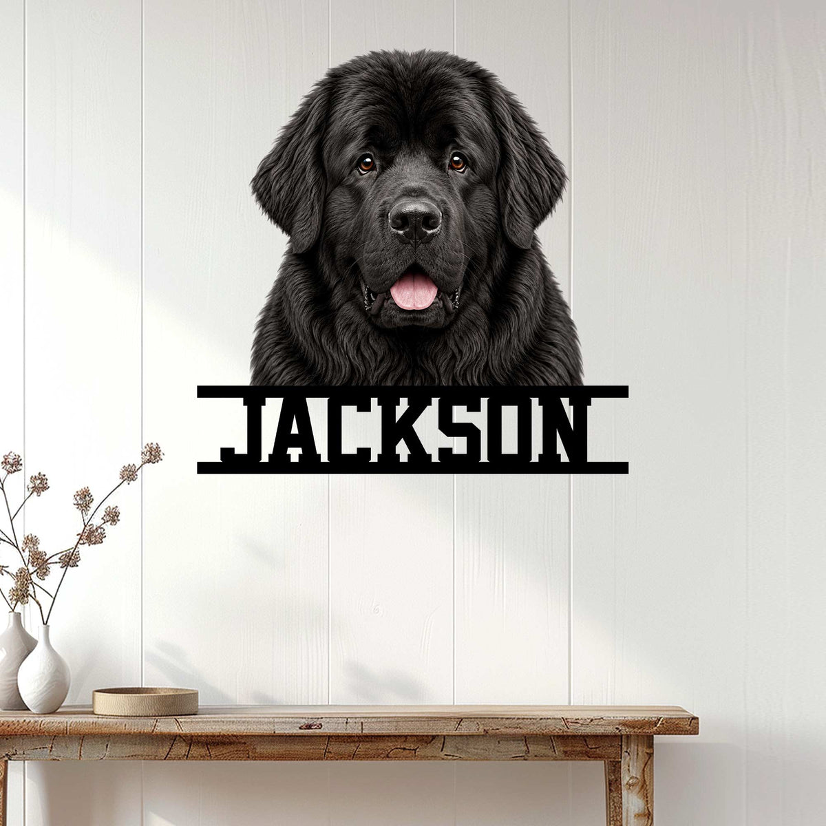 Newfoundland dog wall sign displayed on a light wood-paneled wall in a welcoming home