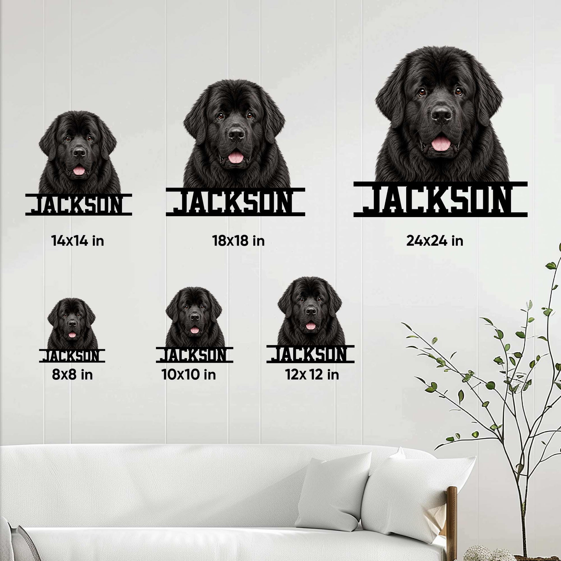 Newfoundland dog metal sign size guide displaying six square size options in a living room setting