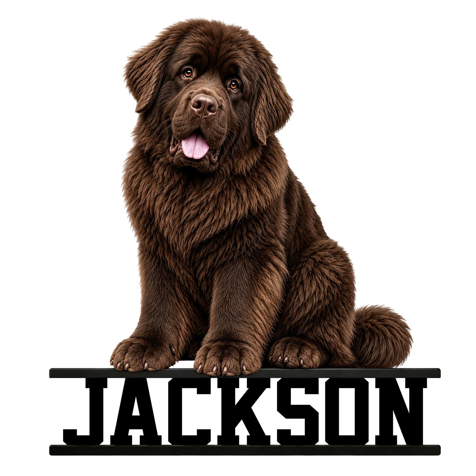 Brown Newfoundland dog portrait cut metal sign with a seated puppy design
