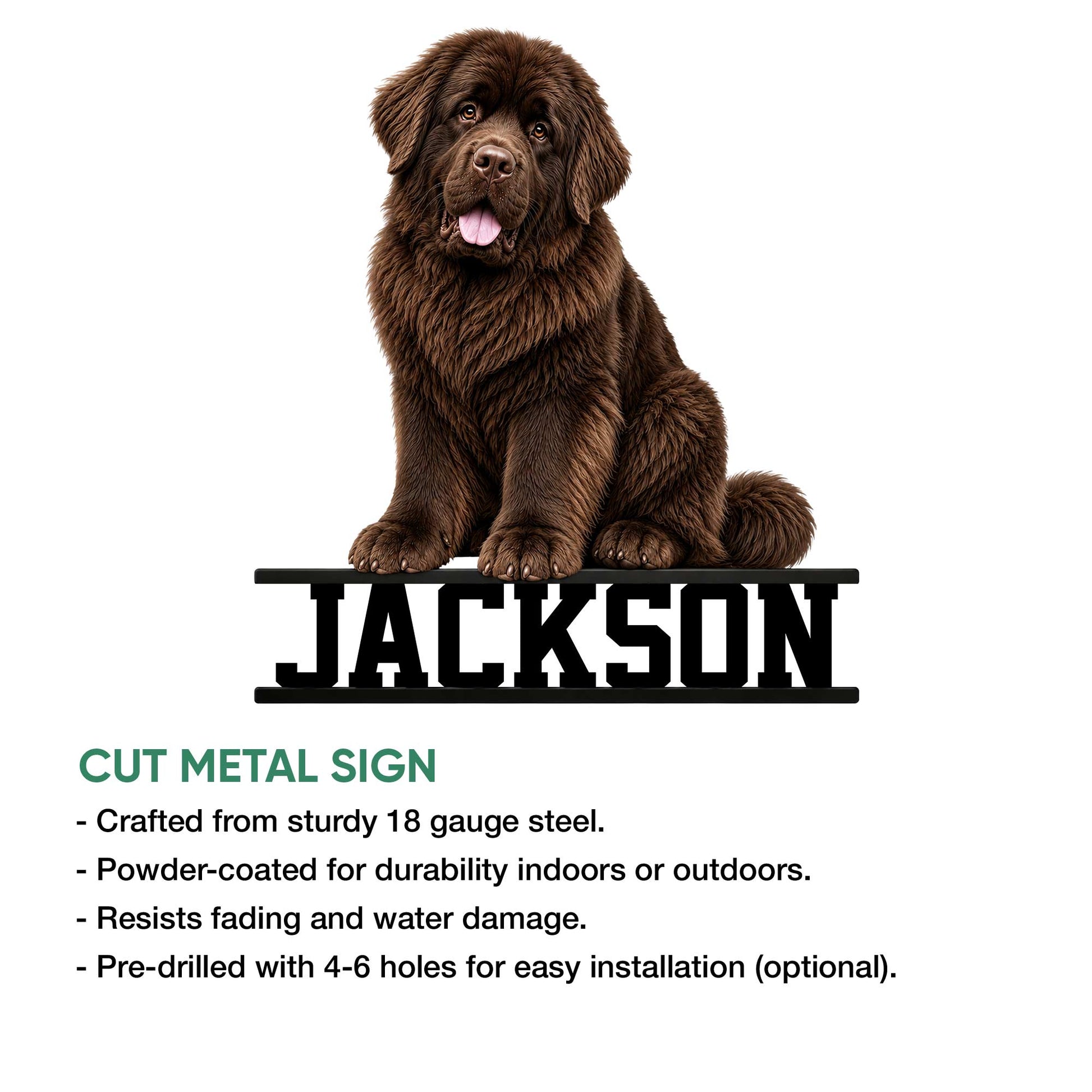 Newfoundland dog cut metal sign feature graphic showing the seated dog artwork