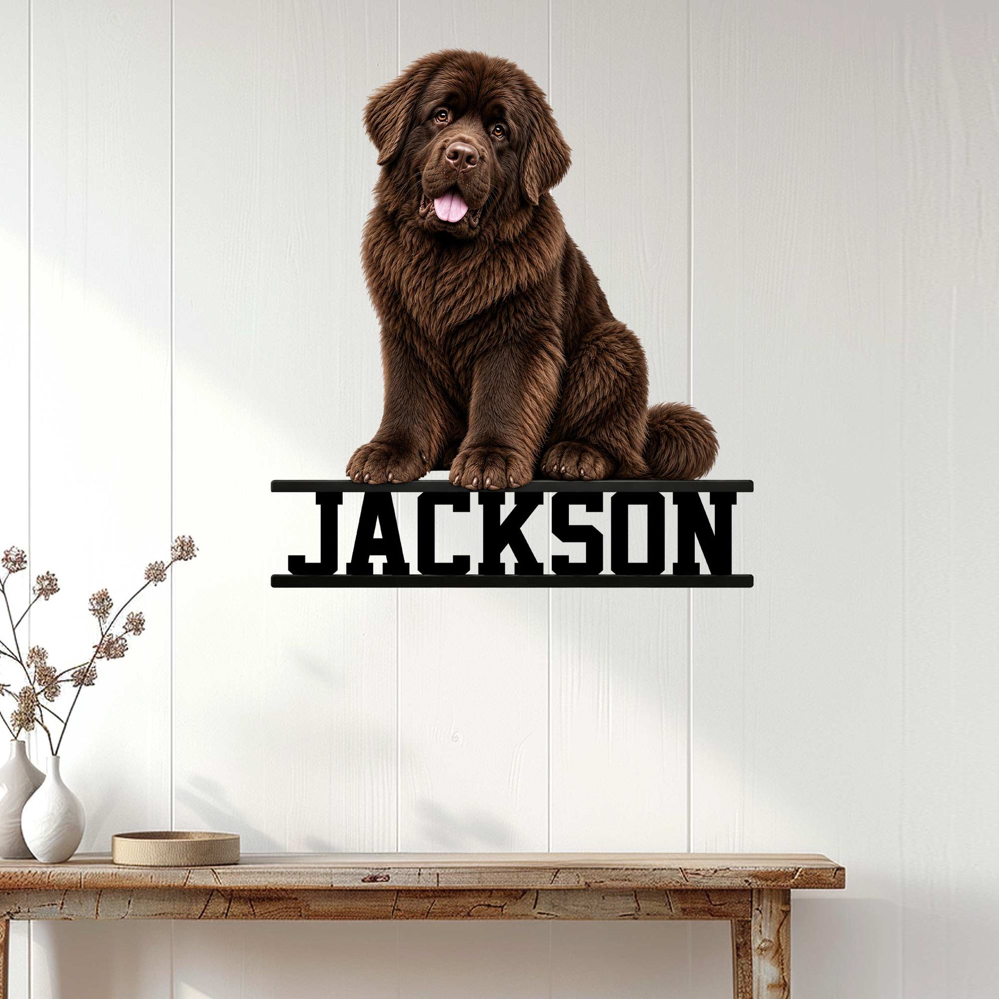Newfoundland dog metal sign displayed as wall decor in a bright home entryway