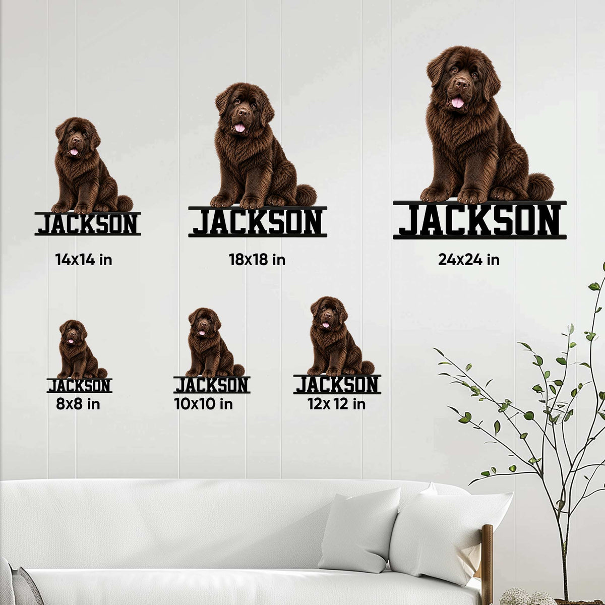 Newfoundland dog metal sign size guide showing multiple square size options