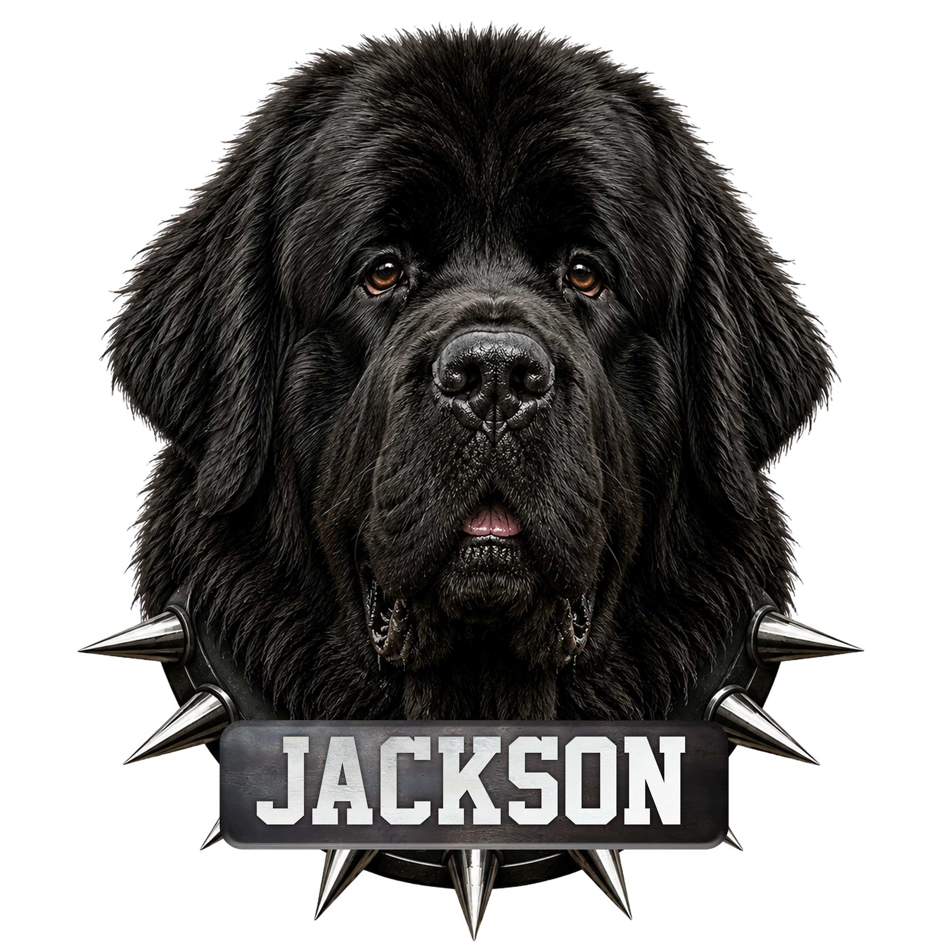 Detailed Newfoundland Dog metal sign featuring a black dog portrait, spiked collar, and bold industrial design