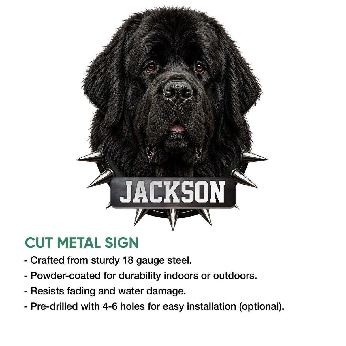 Newfoundland Dog cut metal sign with a realistic black dog portrait and dramatic spiked collar artwork