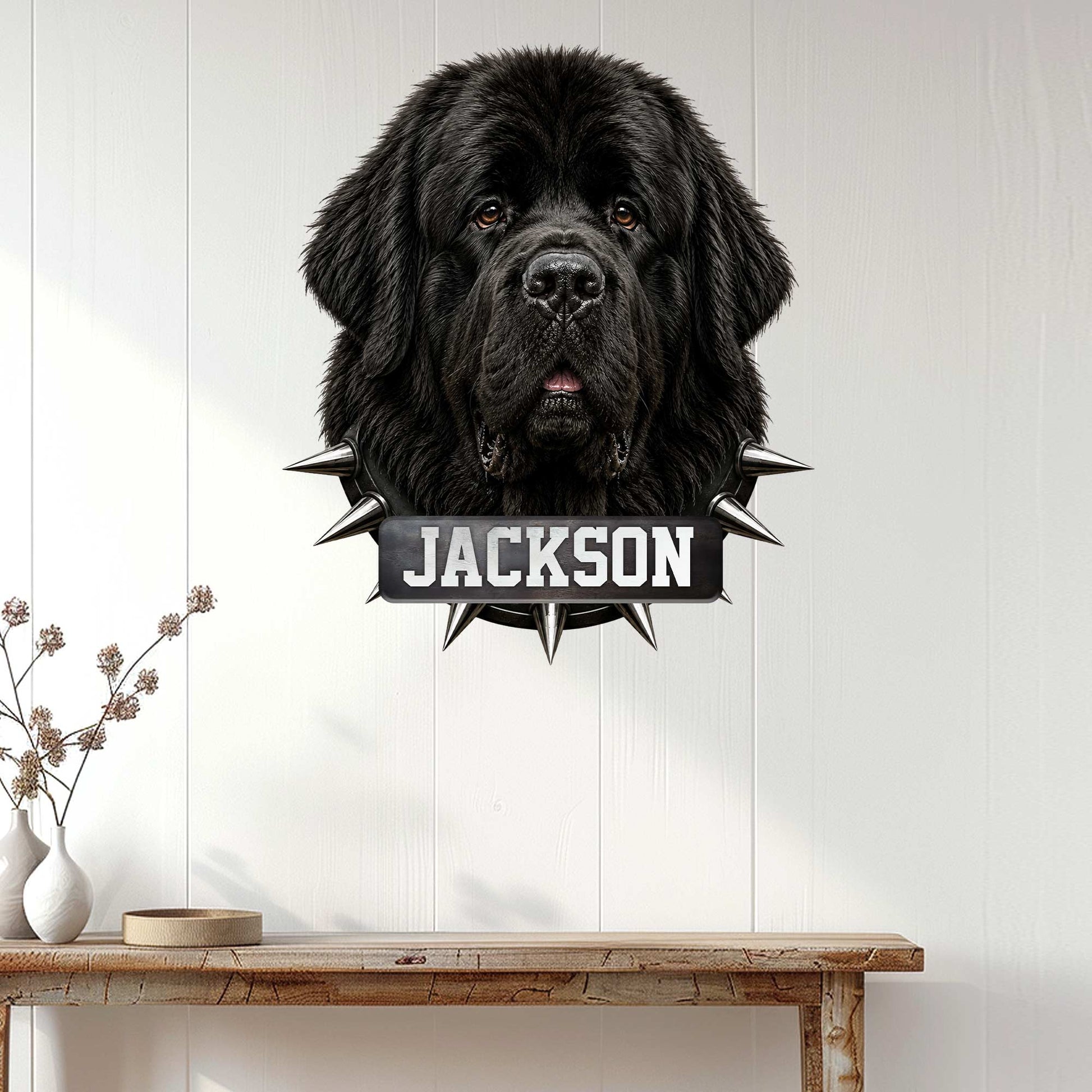 Newfoundland Dog wall sign displayed on a light paneled wall in a modern home entryway