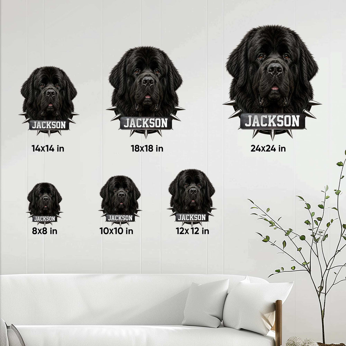 Newfoundland Dog metal sign size guide showing available square sizes from 8 by 8 to 24 by 24 inches