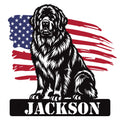 Newfoundland dog metal sign featuring a bold black-and-white portrait over a distressed American flag
