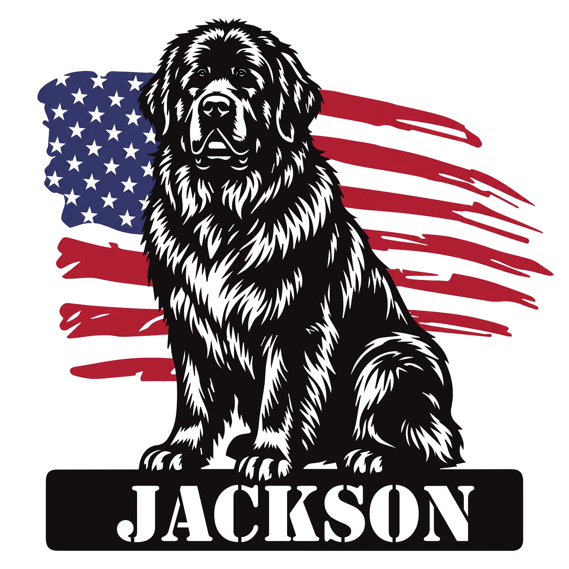 Newfoundland dog metal sign featuring a bold black-and-white portrait over a distressed American flag