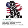 Newfoundland dog cut metal sign shown with an American flag background in a product feature graphic