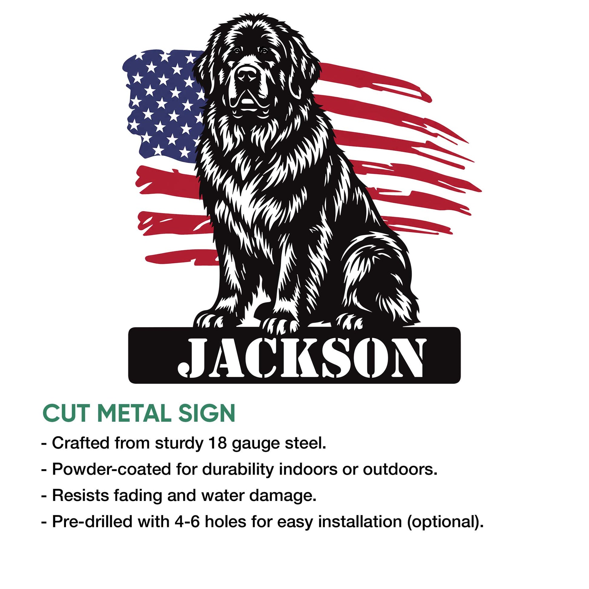 Newfoundland dog cut metal sign shown with an American flag background in a product feature graphic